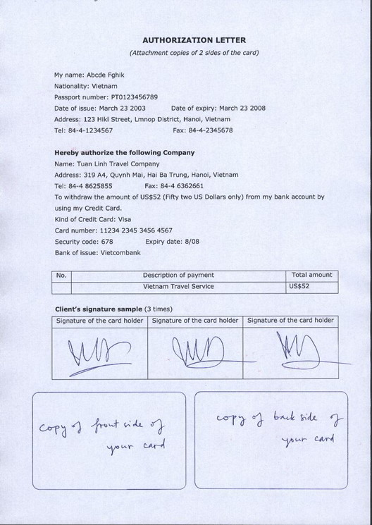 Sample Authorization letter of Tuan Linh Travel